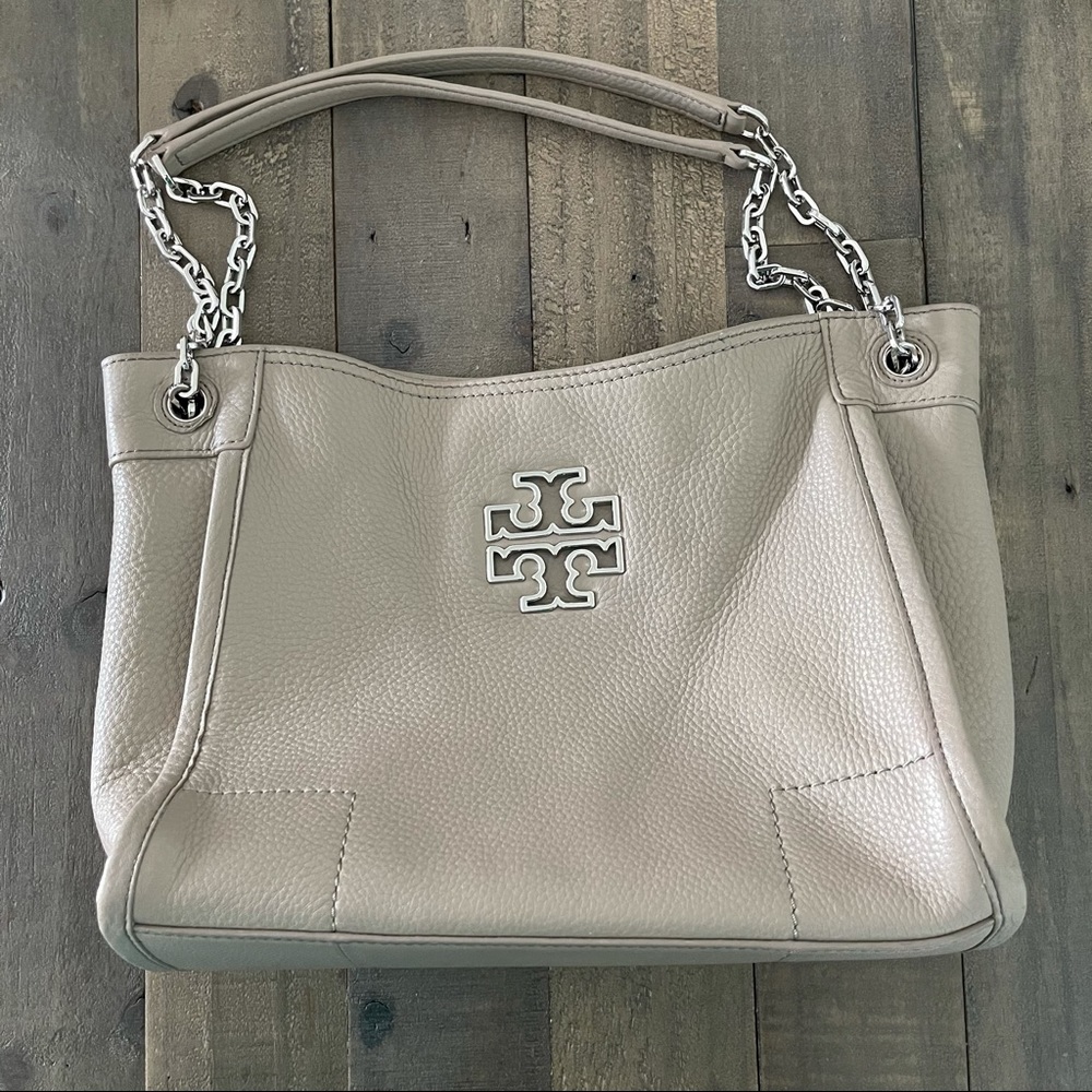 Tory Burch Grey Grained Leather Britten Chain Bag